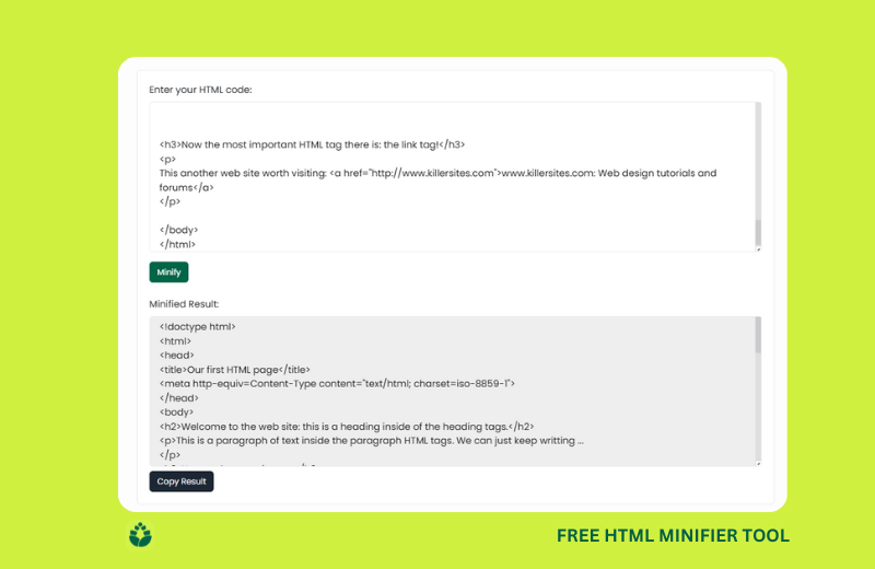 Free html minifier tool